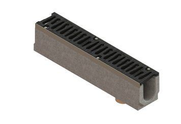Лоток водоотводный с уклоном 0,5% бетонный Mega DN110 H160-155 с вертикальным выпуском 110 с решеткой чугунной щелевой E600